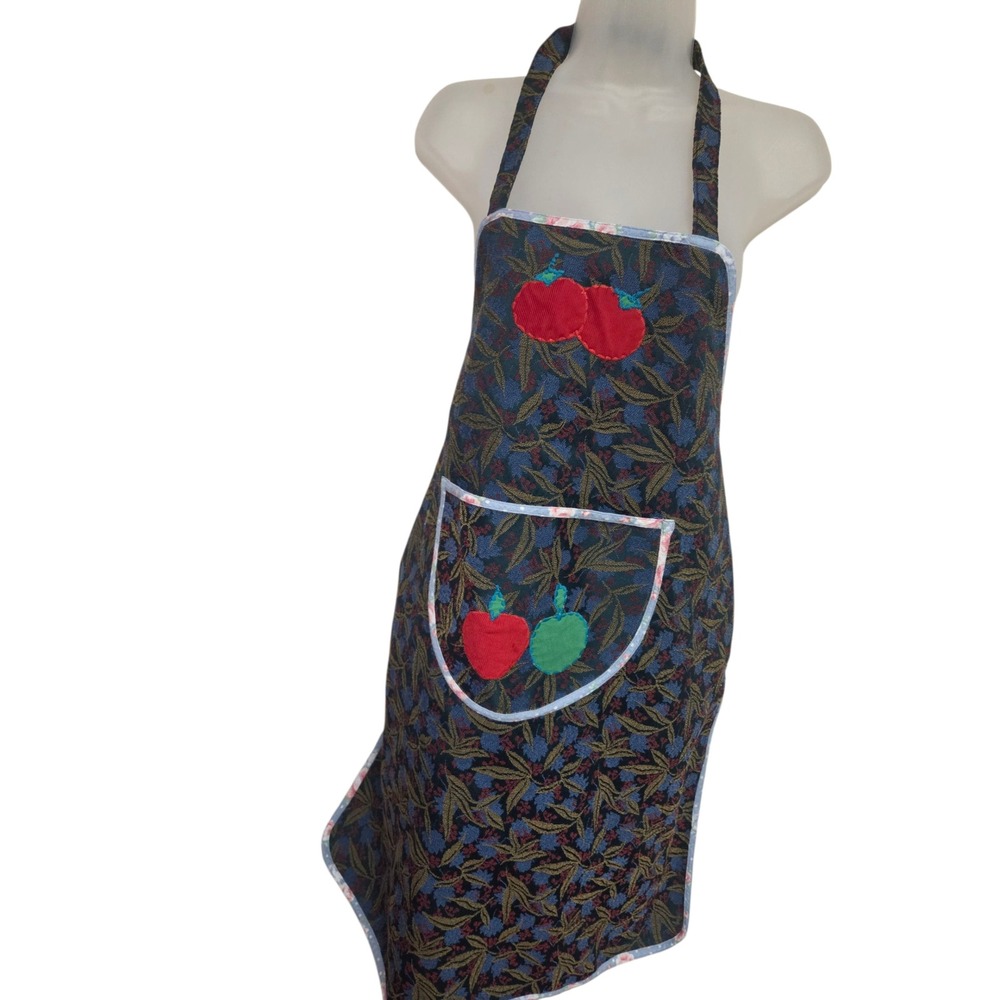 Quilted Kitchen Apron Apples Embroidery Blue Floral‎ Cottagecore Women's